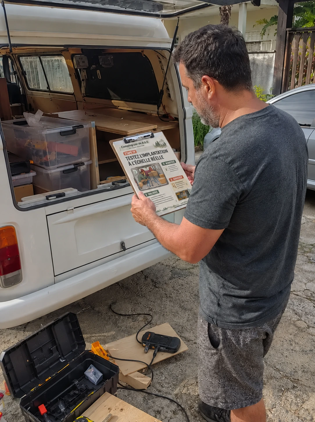 Homme consultant le guide près d’un combi