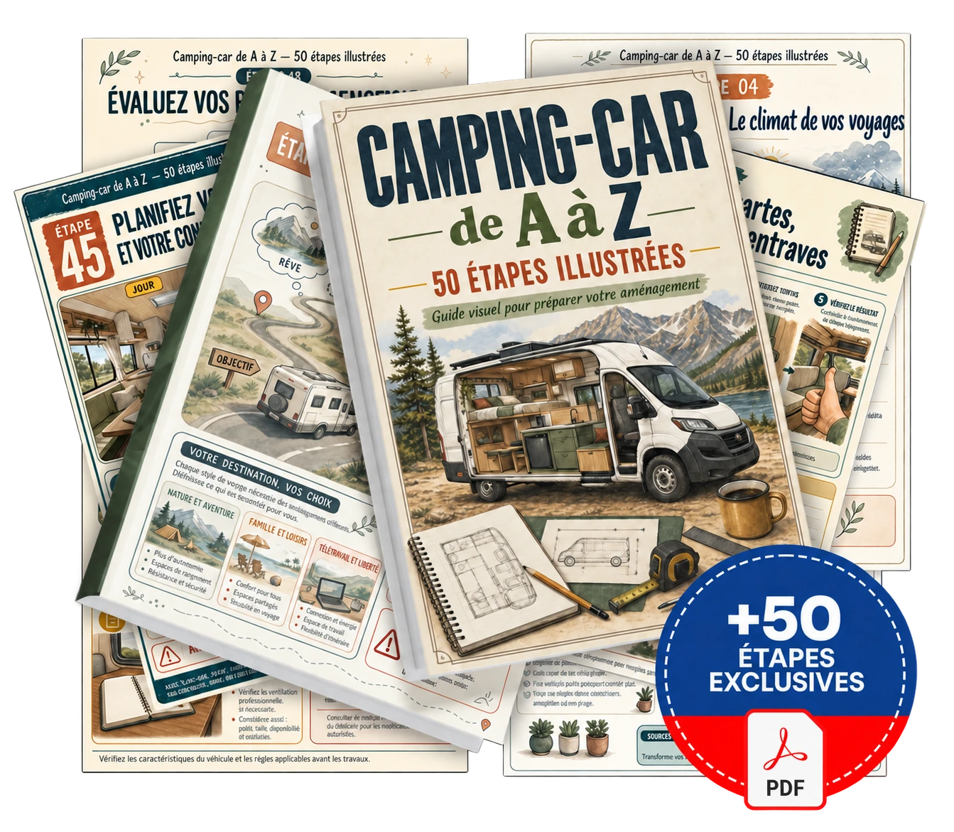 Camping-car de A à Z — 50 étapes illustrées : aperçu du guide et de ses pages